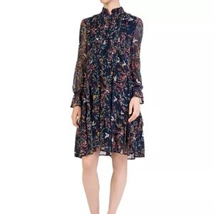 The Kooples Avian & Floral Print Silk Shift Swing Long Sleeve Dress - 2 / M